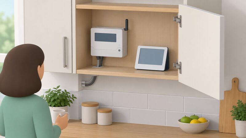 A small isometric kitchen cupboard with its door open, showing a smart meter with a short antenna and a separate in-home display on the shelf beside it, both with plain blank screen blocks suggesting half-hourly electricity use, with the meter's cable running out of the cupboard.
