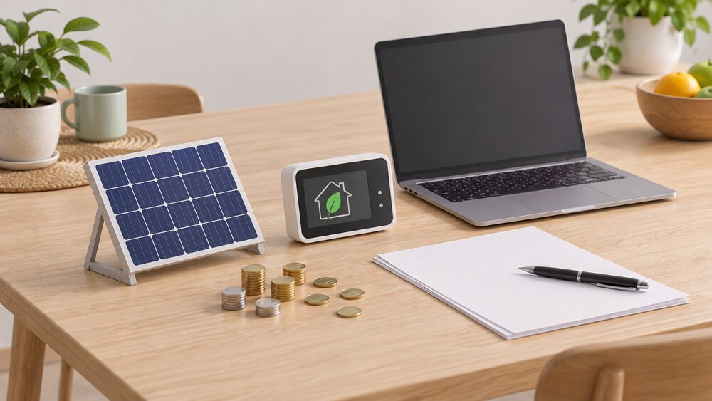 A small rooftop solar panel model stands on a kitchen table beside a smart meter display, blank export paperwork, a pen and a scatter of coins, with a laptop showing a blank screen behind them.