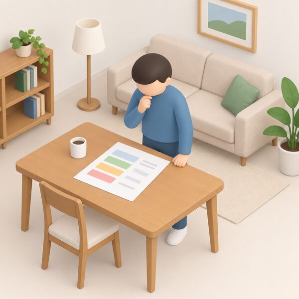A simplified isometric household figure stands at a table in a home living room, looking at a printed letter or statement lying flat on the tabletop that lists several export tariff offers, its rate entries shown only as blank lines and plain colour bands with no readable words or numbers.