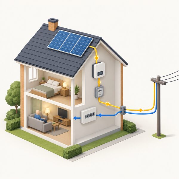 A house with rooftop solar panels, where a single cable path runs from the panels through an inverter and meter to the grid connection, shown alongside a second path from the grid into the household's fuse board, both linking to one supplier's connection point.