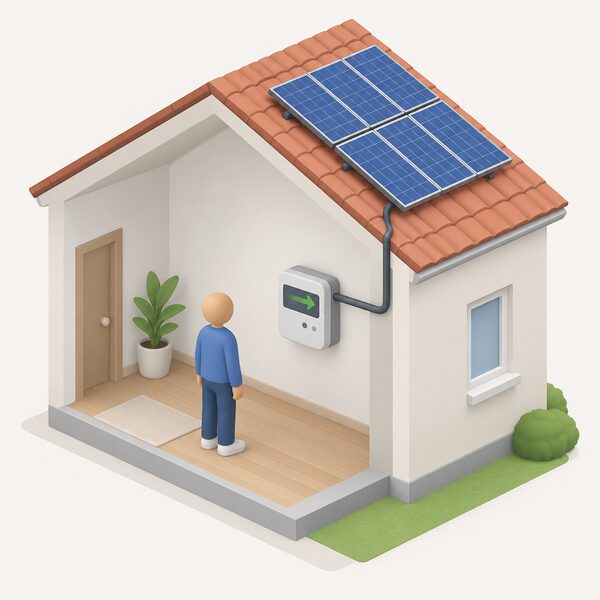 A small isometric figure stands beside a smart electricity meter mounted on an indoor wall of a home, with a cable running from the meter through the wall to rooftop solar panels outside, showing the meter recording exported electricity.