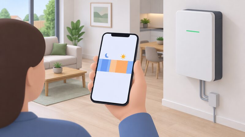 A hand holding a smartphone in a home setting, its screen showing a simple battery charge schedule as plain colour bands marking an overnight cheap window and a daytime peak window, with a wall-mounted home battery visible nearby.