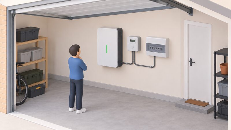 A small isometric figure stands in a home garage beside a wall-mounted battery unit, with a smart meter and a consumer unit mounted on the wall next to it, all connected by simple cable runs.