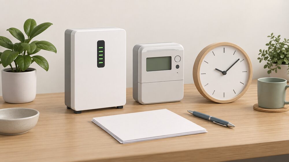 A small model of a wall-mounted home battery unit stands on a table beside a domestic smart electricity meter and a plain clock face, with blank paperwork and a pen arranged in front of them.