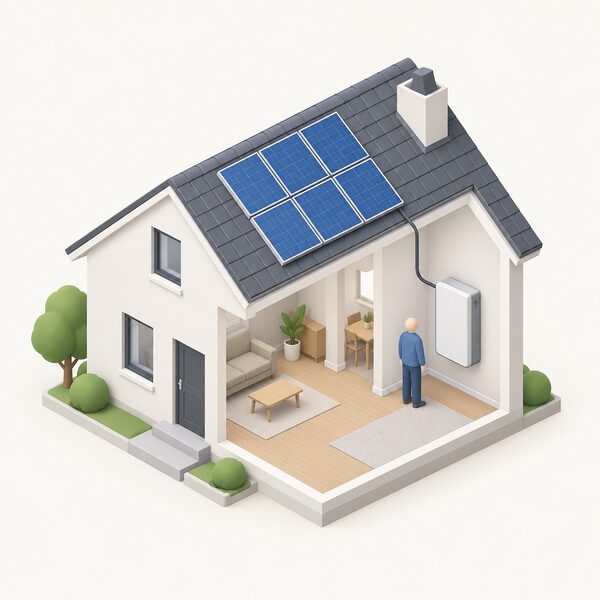A small isometric house with solar panels covering part of its pitched roof and a battery storage unit mounted on an inside wall, connected by a cable running down from the roof, with a simplified figure standing beside the battery unit.