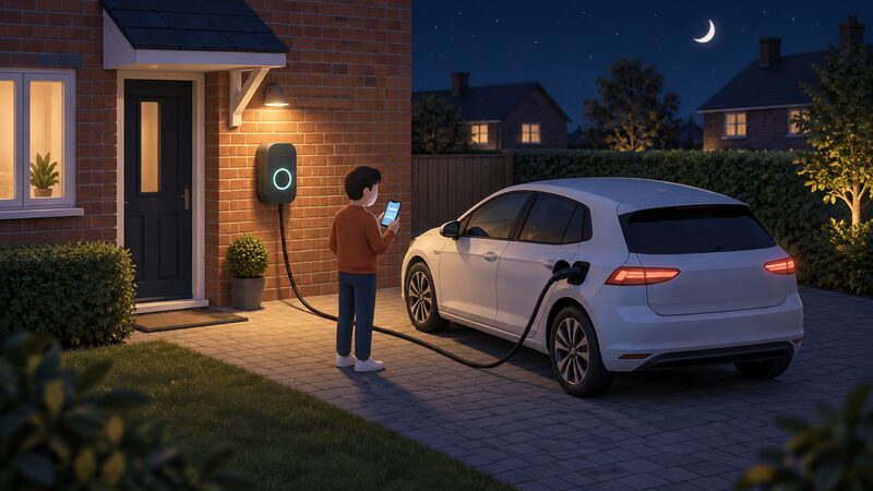 A small isometric figure's electric car parked on a driveway at night, connected by a charging cable to a wall-mounted charger on the house wall, with a phone screen showing a plain schedule beside the charger.