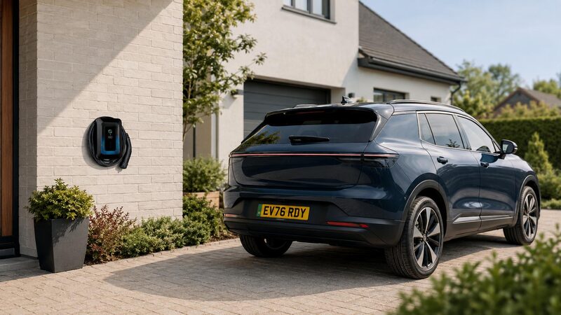 A wall-mounted Indra EV charger on a house exterior with a dark blue electric SUV parked on the driveway