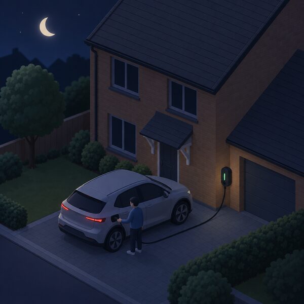 A dark night-time scene outside a UK home where a small isometric figure plugs a charging cable from a wall-mounted home chargepoint into an electric car parked on the driveway, with the house windows dark to show the overnight off-peak charging window.