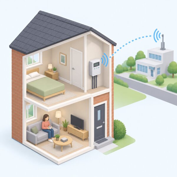 A smart electricity meter mounted on an interior wall of a home, shown in a simple cutaway view with a wireless signal travelling from the meter towards the outside, indicating it can be read remotely by the supplier.