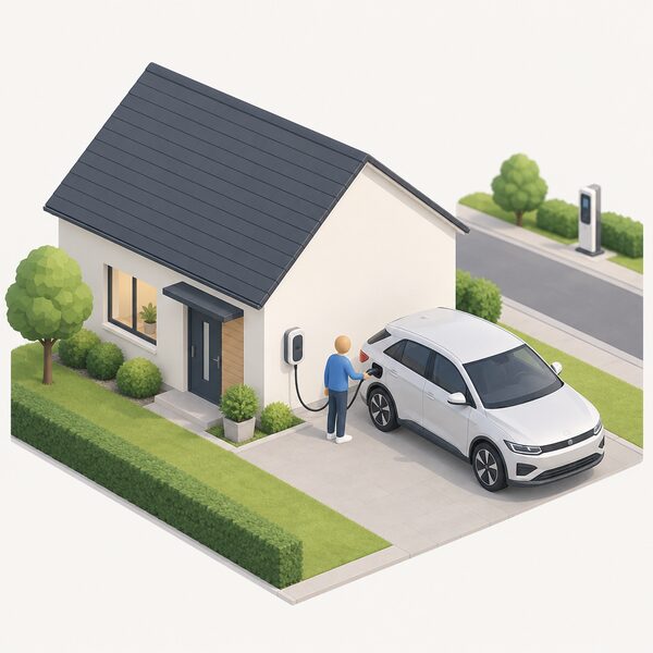 A small isometric figure plugs a charging cable from a wall-mounted home charge point on the front wall of a house into an electric car parked on the driveway, with a public charging point shown small and distant in the background unused.