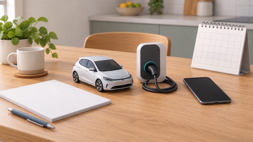 A small model of an electric car with a wall-mounted charge point beside it sits on a kitchen table next to blank paperwork, a phone with a blank screen and a wall calendar, showing the moment a household compares two overnight charging tariffs.