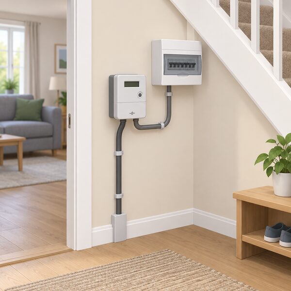 A domestic electricity meter mounted on an interior wall of a British home, with the incoming supply cable and a cable running to the consumer unit, drawn as a simple cutaway interior scene.