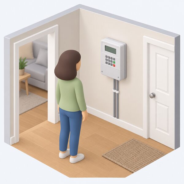 A wall-mounted electricity prepayment meter with a keypad inside a home, shown as a simple cutaway interior with the meter box fixed to the wall and its keypad and display facing the room.