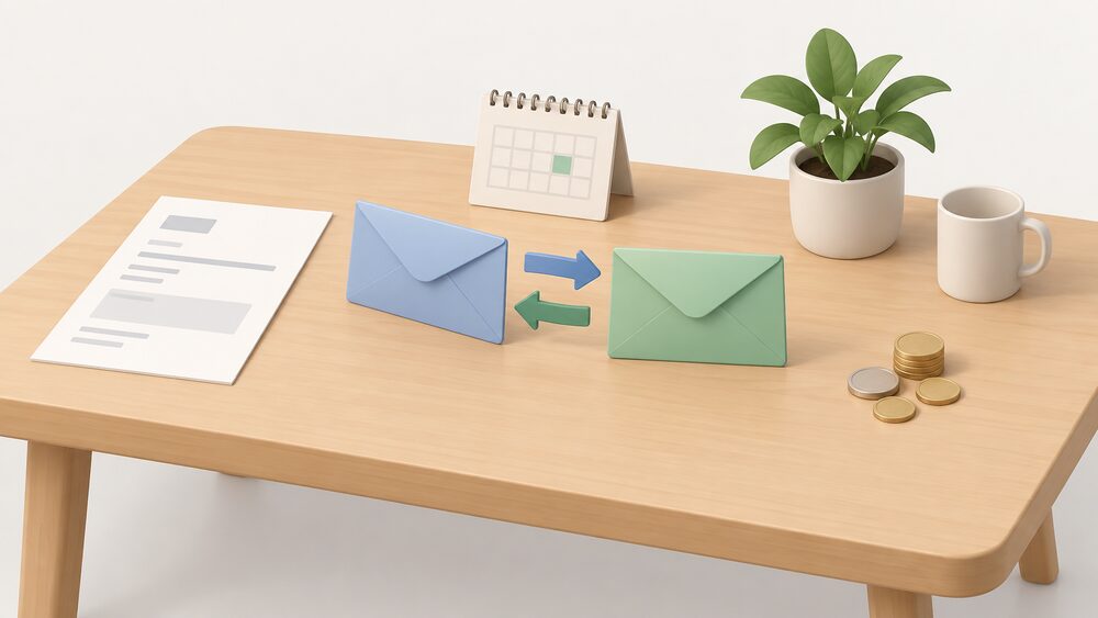 A small tabletop arrangement showing the moment of an energy switch: two plain envelopes facing each other across a table, a blank bill beside them untouched, a small calendar page, and a few coins that stay with the household rather than joining the envelopes.