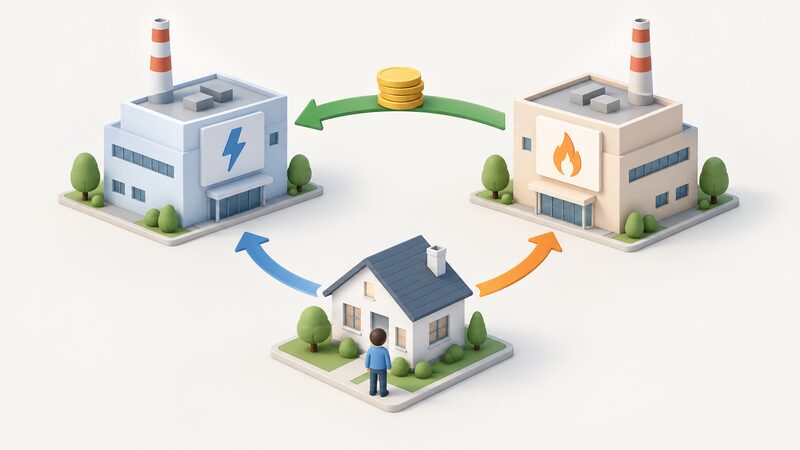 A simplified diagram of two supplier buildings with an arrow carrying a payment from the new supplier to the previous supplier, while a household switching between them shows no payment line leaving it.
