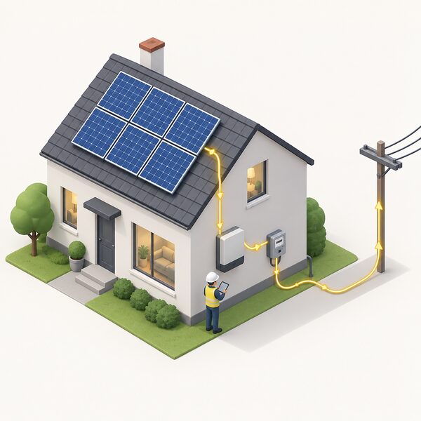 A house with solar panels on its roof, an inverter on an outside wall connected by cable to the panels and to the electricity meter, with a small isometric figure inspecting the installation as exported electricity flows to the grid.