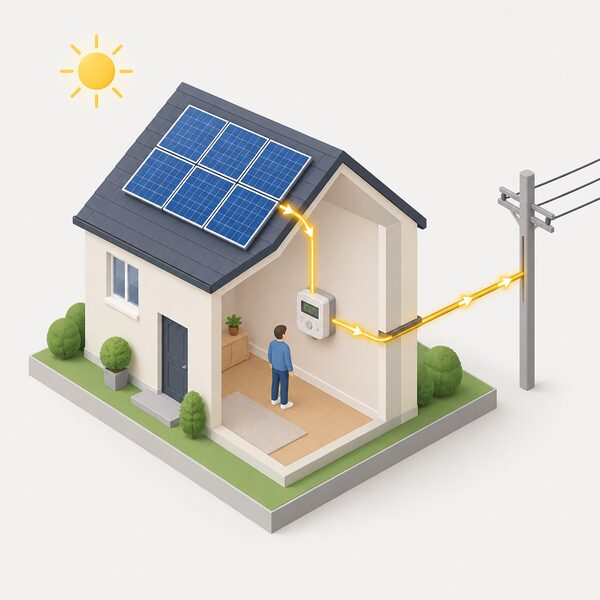 A domestic smart electricity meter on an interior wall, with a small isometric figure beside it, showing electricity flowing from the home's solar installation through the meter outward to the grid, with only the exported flow highlighted as the units the SEG pays for.