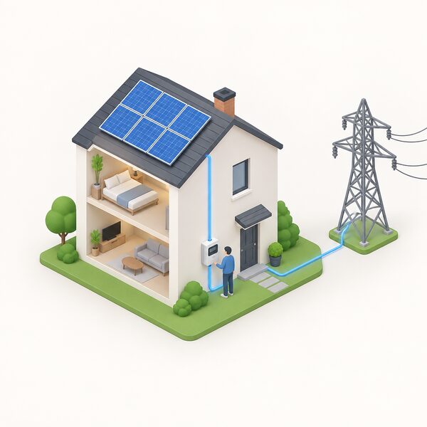 A simplified cutaway house with rooftop solar panels and a wall-mounted smart meter, an isometric figure standing beside the meter, and a connection line running from the house to a nearby electricity pylon representing the National Grid.