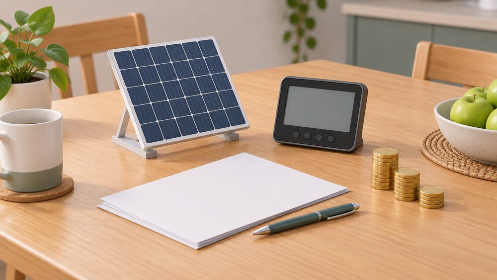 A small model of a rooftop solar panel stands on a kitchen table beside blank export-tariff paperwork, a smart meter display showing a blank screen, and a short stack of coins, suggesting a household comparing what suppliers will pay for exported electricity.