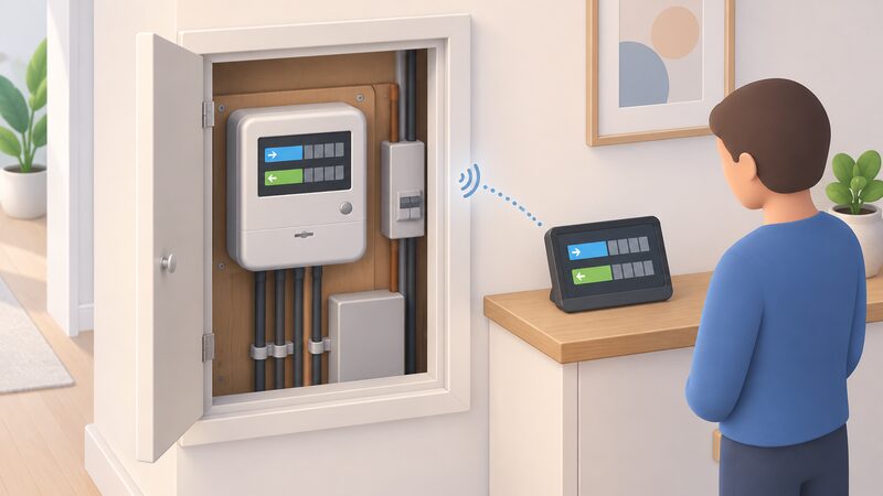 A domestic meter cupboard with a smart electricity meter whose display shows export alongside import, next to an in-home display on a nearby shelf showing paired import and export unit readouts, with a simplified figure glancing at the in-home display.