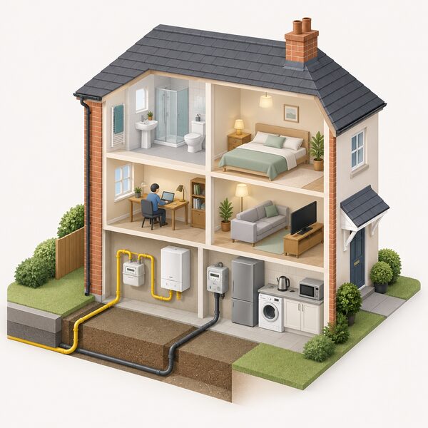 A simple cutaway view of an ordinary British house with a gas supply pipe entering at the meter and an electricity cable entering separately, both feeding a home with a gas boiler and everyday electric appliances, representing a typical dual-fuel household paying by Direct Debit.