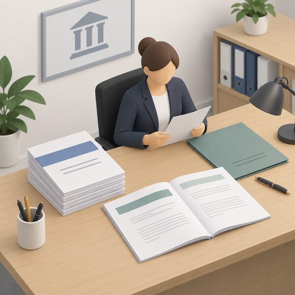 A tidy official desk scene with a stack of printed guidance documents, plain covers with blank colour bands and blank lines, one document open beside a folder and pen, suggesting a regulator publishing formal energy guidance for suppliers.