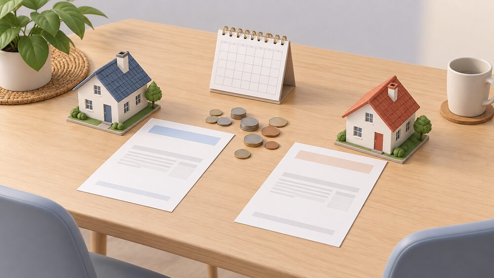 A kitchen table seen from above with two separate blank energy bills lying side by side, each with a small model house beside it, a scatter of coins and a desk calendar between them, suggesting two different billing regions.