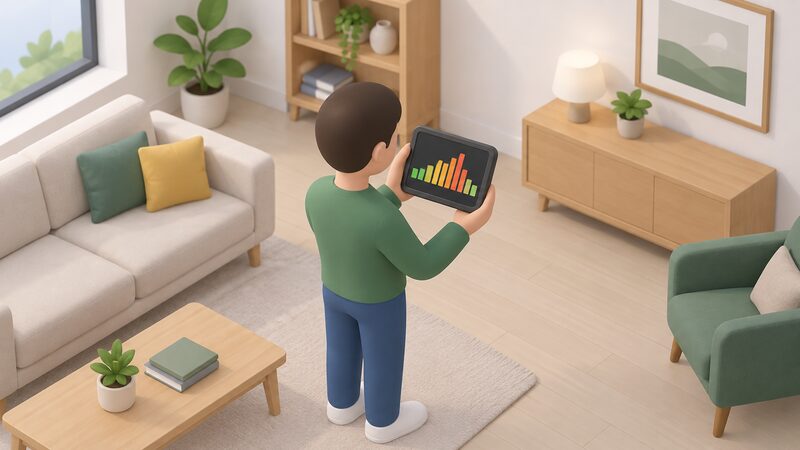 A small simplified isometric figure stands in a home setting holding an in-home display whose screen shows a plain bar chart of the day ahead, with bars of varying heights representing half-hourly price periods and no readable words or numbers.