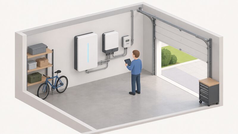 A garage interior with a wall-mounted home battery and its adjacent inverter, a smart meter fitted nearby on the same wall, and a small isometric figure checking the equipment, all connected by simple conduit runs.