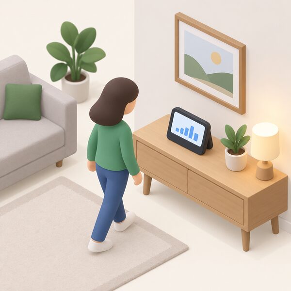 A smart meter's in-home display sitting on a table in a home, its screen showing simple blocks and a plain line representing the household's electricity usage, with a simplified figure glancing at it while passing, illustrating the monitoring the tariff requires.