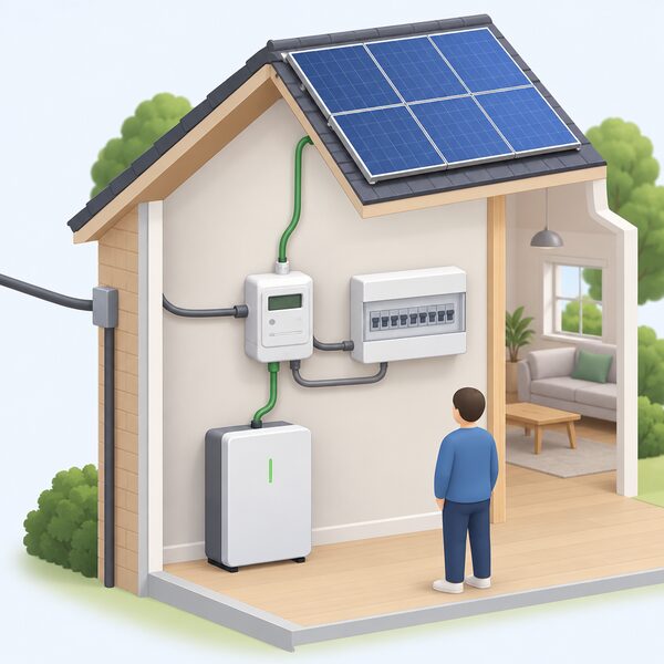 A cutaway wall inside a home showing an electricity meter and a consumer unit side by side, with a supply cable entering the meter, the meter feeding the consumer unit, and a second cable from a rooftop solar panel and battery also connecting at the meter so energy flows are measured on both sides.