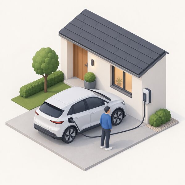 A small isometric figure stands beside an electric car plugged into a wallbox charger mounted on the outside wall of a home, showing the automated off-peak charging that the Power Pack enables.