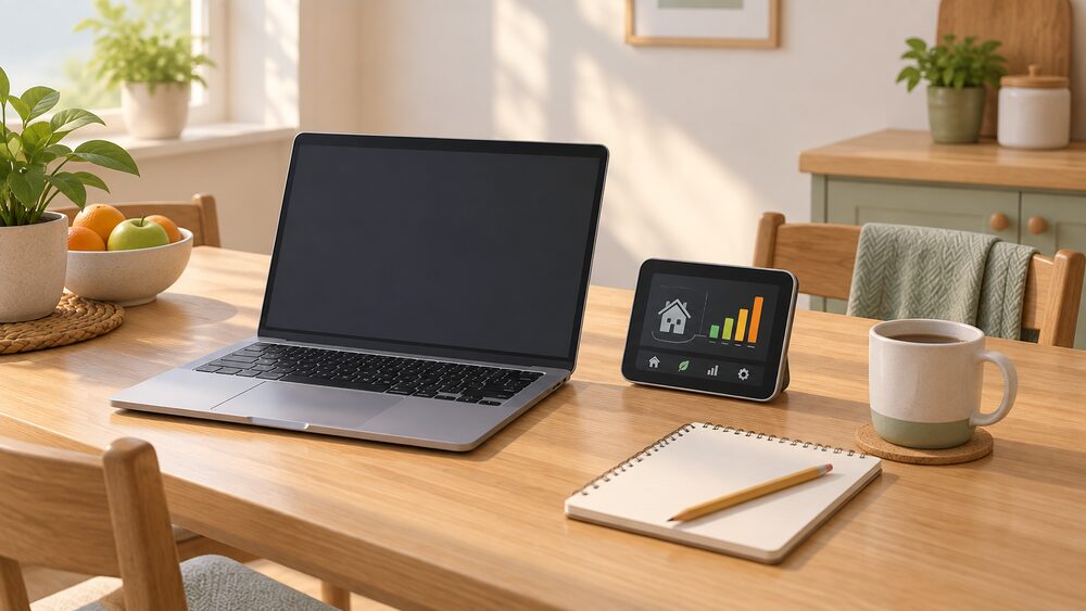 A kitchen table in morning light with a smart meter in-home display standing upright beside a laptop with a blank screen, a mug and a blank notepad with a pencil, suggesting a household checking the day's electricity prices before planning when to run appliances.