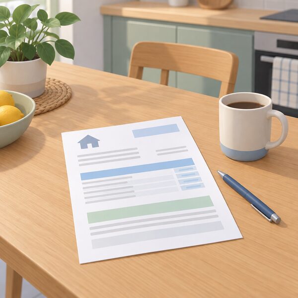 A paper household energy bill lying flat on a kitchen table, drawn as a physical document with blank lines and plain colour bands instead of readable figures, beside a mug and a pen, conveying that the amounts stay the same across the fixed period.