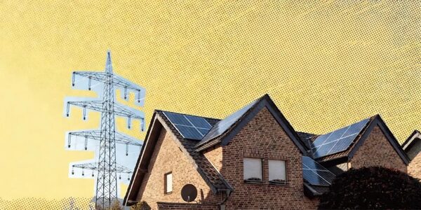 A brick house with rooftop solar panels next to an electricity pylon against a yellow halftone background