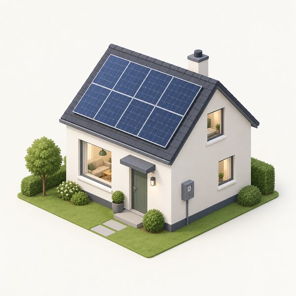A small detached house with solar panels covering much of its pitched roof, drawn in simplified isometric style with a modest electricity meter box on an outside wall, showing a low-usage home that benefits from a lower standing charge.