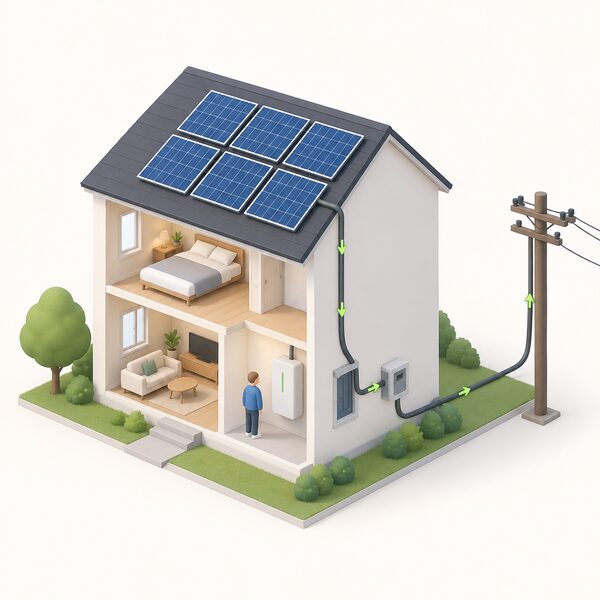 A simplified isometric house with solar panels on its roof and a battery unit on an inside wall, connected by a cable running down the outside wall to a meter box and onward to a grid pole, with a small figure standing beside the battery.