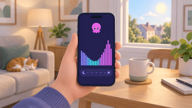 A hand holding a smartphone displaying the Octopus Energy app, with a bar chart of half-hourly Agile prices across the next 24 hours shown as plain bars of varying heights on the screen, no readable words or numbers.