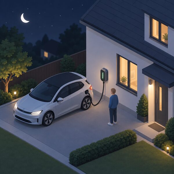 A small isometric figure stands beside a 7kW wallbox chargepoint mounted on the outside wall of a house at night, with a cable running from the unit to a plugged-in electric car parked on the driveway for overnight charging.