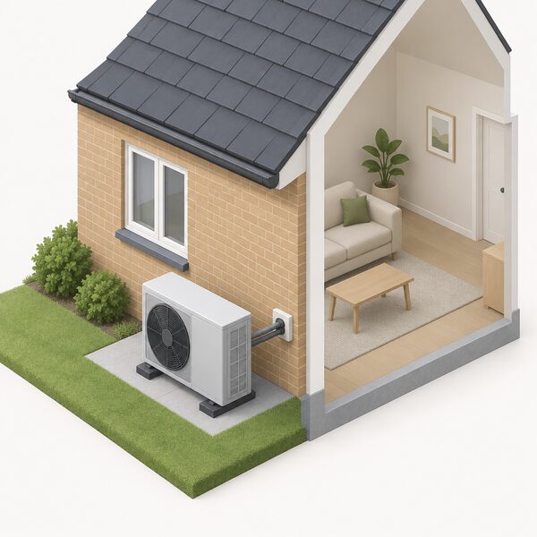 A simplified isometric view of an air source heat pump fan unit standing on the ground outside the rear wall of a small house, with a pipe running from the unit through the external wall into the house, and no people present.