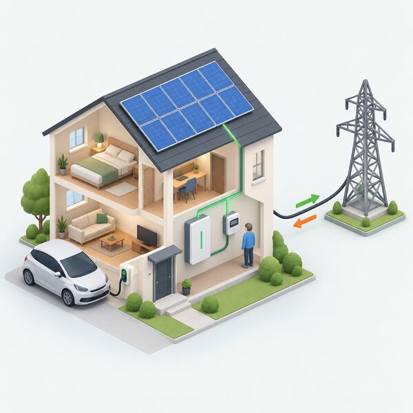 A cutaway house with solar panels on its roof, a battery on the wall and a smart meter, with a simplified isometric figure beside the meter, and a cable running from the house to a small grid pylon showing two-way electricity flow.