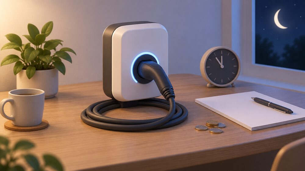 A small model of a home EV wallbox charger with its coiled cable sits on a table beside blank paperwork, a few coins and a small clock face showing night-time, all lit softly as if during an overnight charging window.
