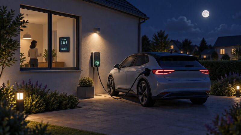 A dark night-time driveway scene where a wallbox on the house wall charges an electric car parked beside it, with a cutaway view through the window showing a smart meter display indoors, all lit softly to convey the overnight cheap charging window.