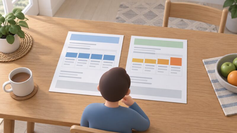 Two printed energy statements lying side by side on a household table, one showing a single unchanged unit rate band across its billing periods and the other showing the unit rate band at a different level in a later period, with a simplified figure comparing them.