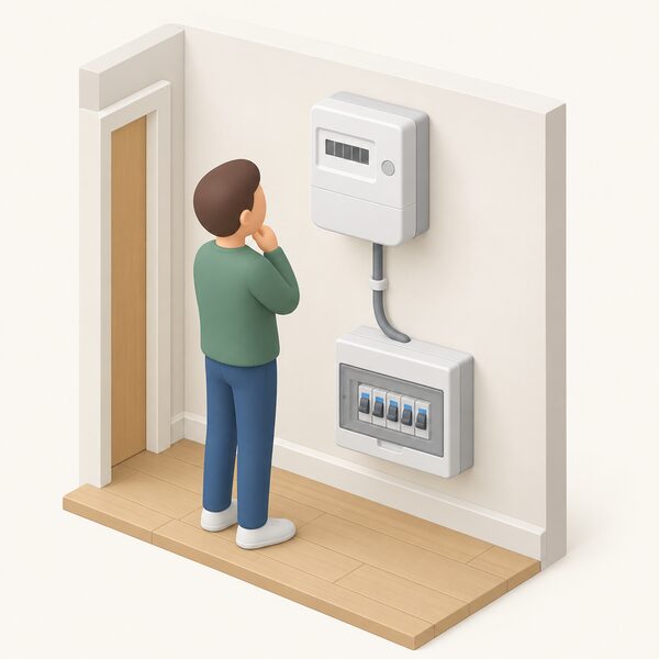 A domestic electricity meter mounted on an interior wall of a home, with its display shown as plain blank blocks, connected by a cable running down to the household consumer unit, with a small simplified figure standing beside it looking at the meter.