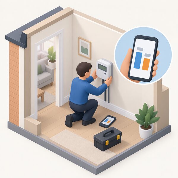 An engineer in plain clothing fitting a smart meter on an inside wall of a home, with a small handheld device or phone nearby showing a plain bar comparison of two tariffs against the household's usage, all content as blank blocks with no readable words or numbers.