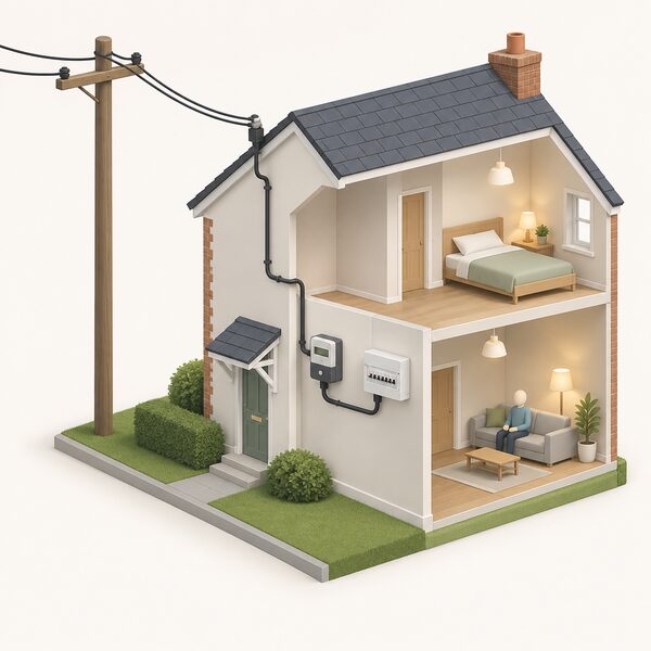 A simple cutaway house with power lines from the local network entering it and cables running to its meter and consumer unit, showing the household still supplied by the grid and a supplier.