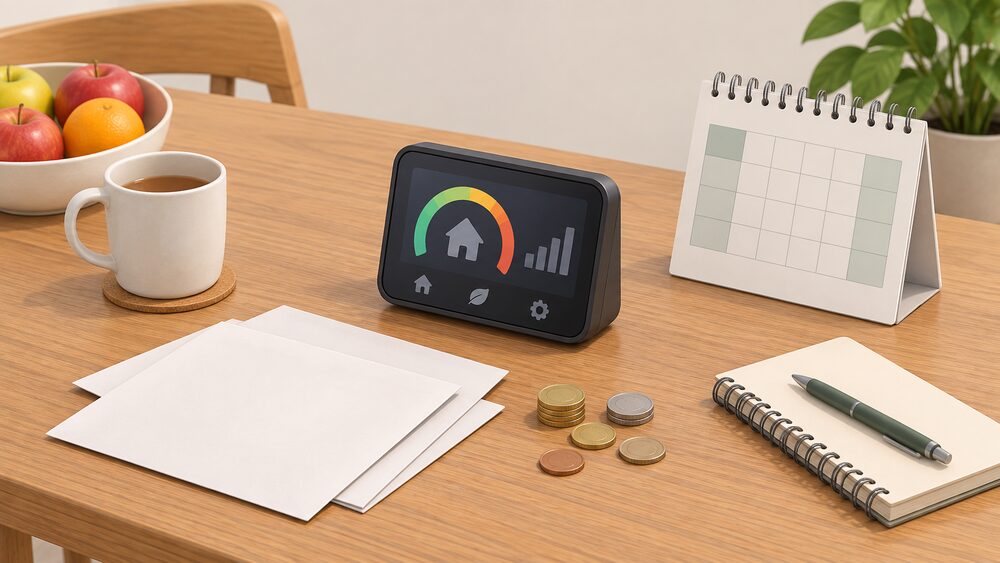 A kitchen table seen from above with a smart meter in-home display standing upright beside blank energy bills and a wall-style calendar, with a few coins and a small notebook arranged as a household weighs a changing rate against a fixed one.