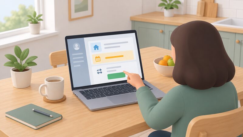 A laptop on a kitchen table showing an energy supplier account screen with a tariff switch option and a highlighted contract end date, a person's hand pointing at the screen.