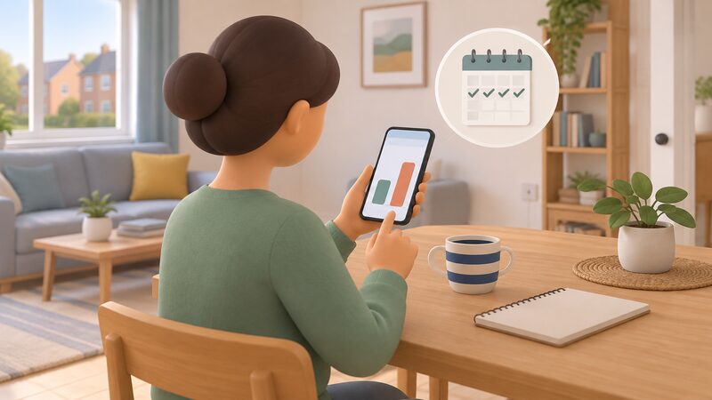 A householder at home holding a smartphone showing a simple app screen with a plain bar comparing a tracker unit rate against the price cap, checking it as an ongoing habit.